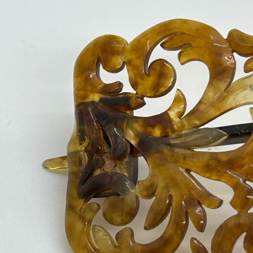 Antique Edwardian Carved Hair Comb Best-Hold Patent 1907 Clasp Celluloid Brown - Picture 14 of 16